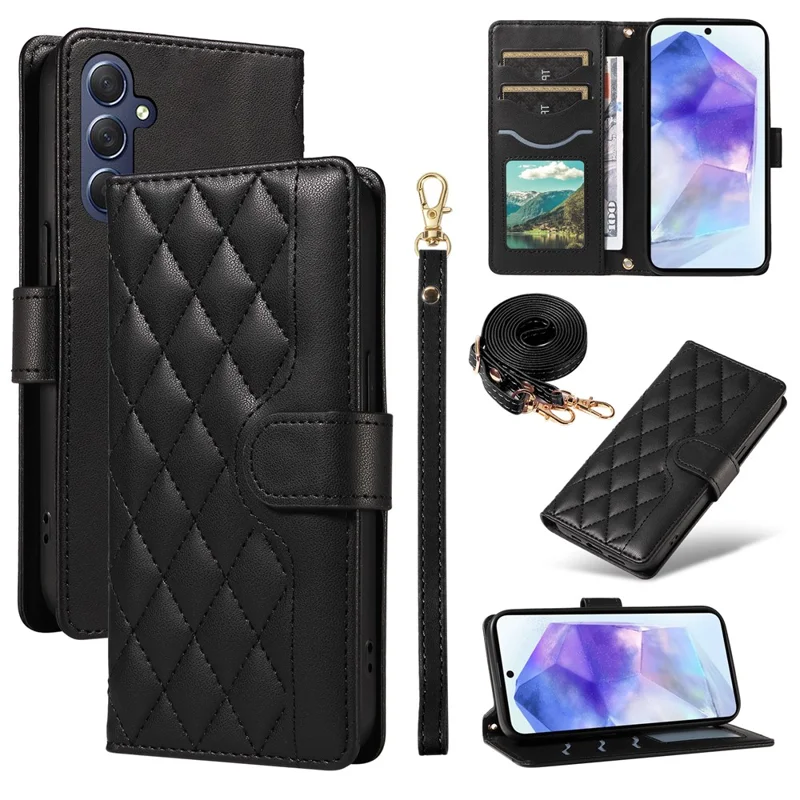 Para Samsung Galaxy A55 5G Case Willet Rombus Cubierta de Teléfono de Cuero Con Correa Para el Hombro, Correa de Muñeca - Negro