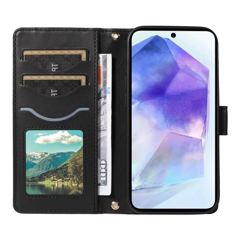 Para Samsung Galaxy A55 5G Case Willet Rombus Cubierta de Teléfono de Cuero Con Correa Para el Hombro, Correa de Muñeca - Negro
