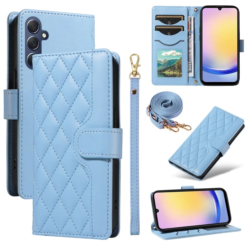 For Samsung Galaxy A25 5G (Global) (161.0 X 76.5 X 8.3mm) Case Wallet Rhombus Leather Phone Cover with Shoulder Strap, Wrist Strap - Blue