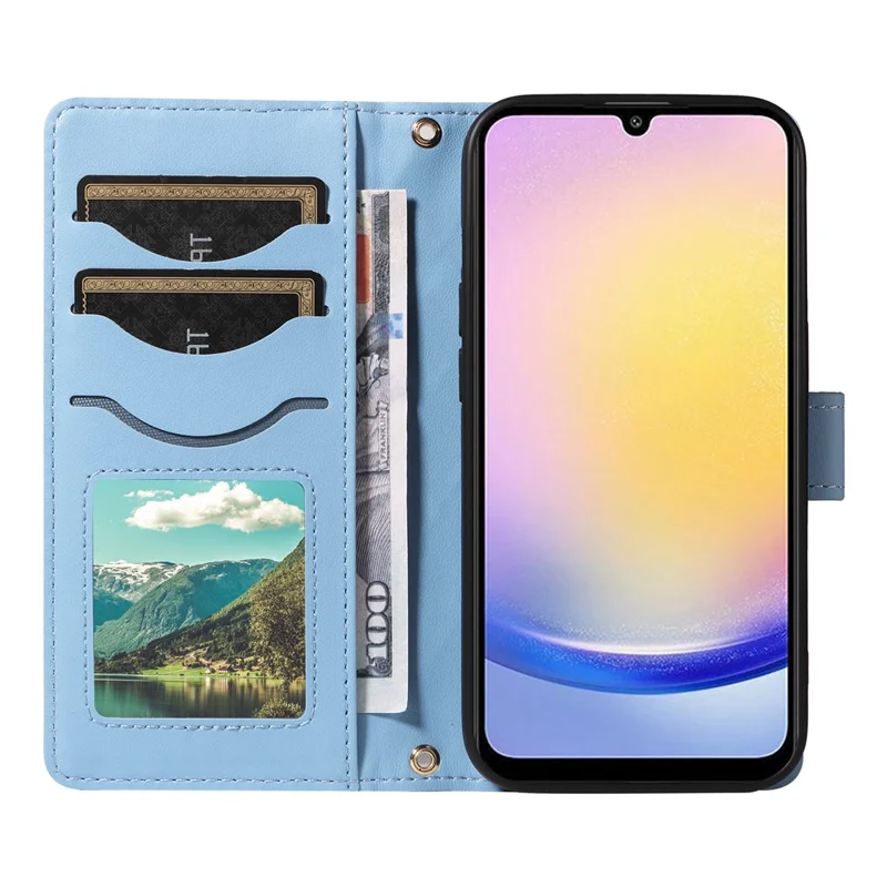 For Samsung Galaxy A25 5G (Global) (161.0 X 76.5 X 8.3mm) Case Wallet Rhombus Leather Phone Cover with Shoulder Strap, Wrist Strap - Blue