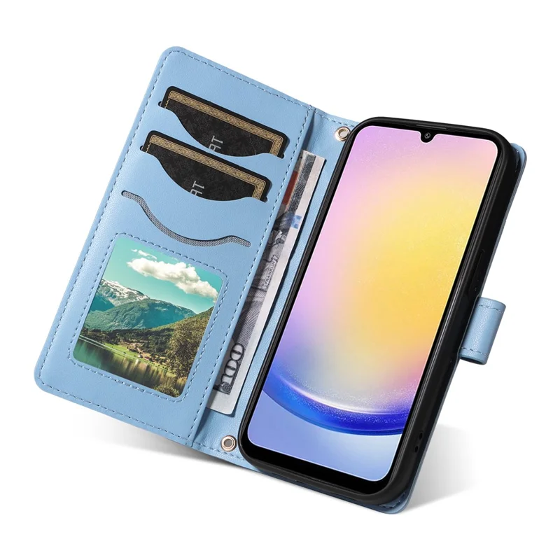 For Samsung Galaxy A25 5G (Global) (161.0 X 76.5 X 8.3mm) Case Wallet Rhombus Leather Phone Cover with Shoulder Strap, Wrist Strap - Blue