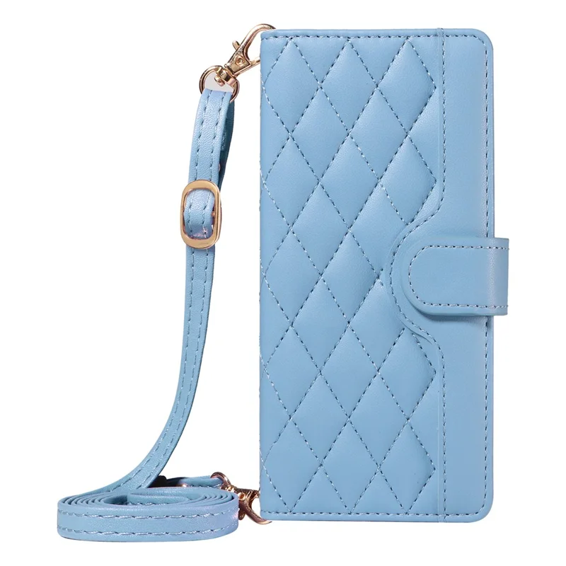 For Samsung Galaxy A25 5G (Global) (161.0 X 76.5 X 8.3mm) Case Wallet Rhombus Leather Phone Cover with Shoulder Strap, Wrist Strap - Blue