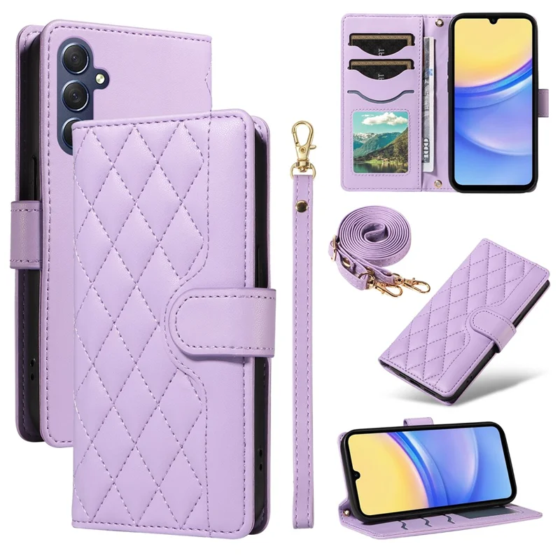 Til Samsung Galaxy A15 4G / 5G Tasker Wallet Rombe Læder Telefonbeskyttelse med Skulderrem, Håndledsrem - Lyserosa