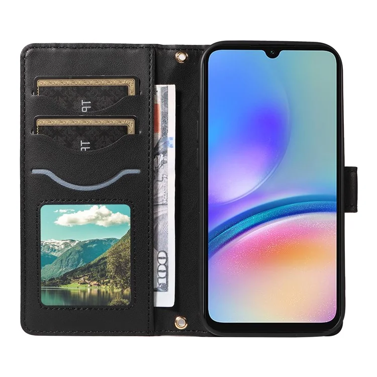 Для Samsung Galaxy A05s 4G Case Wallet Кожаный Телефон Rombus с Плечевым Ремнем, Ремешком Для Запястья - Черный