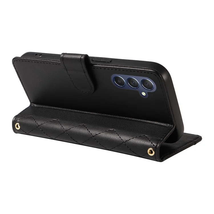 Для Samsung Galaxy A05s 4G Case Wallet Кожаный Телефон Rombus с Плечевым Ремнем, Ремешком Для Запястья - Черный