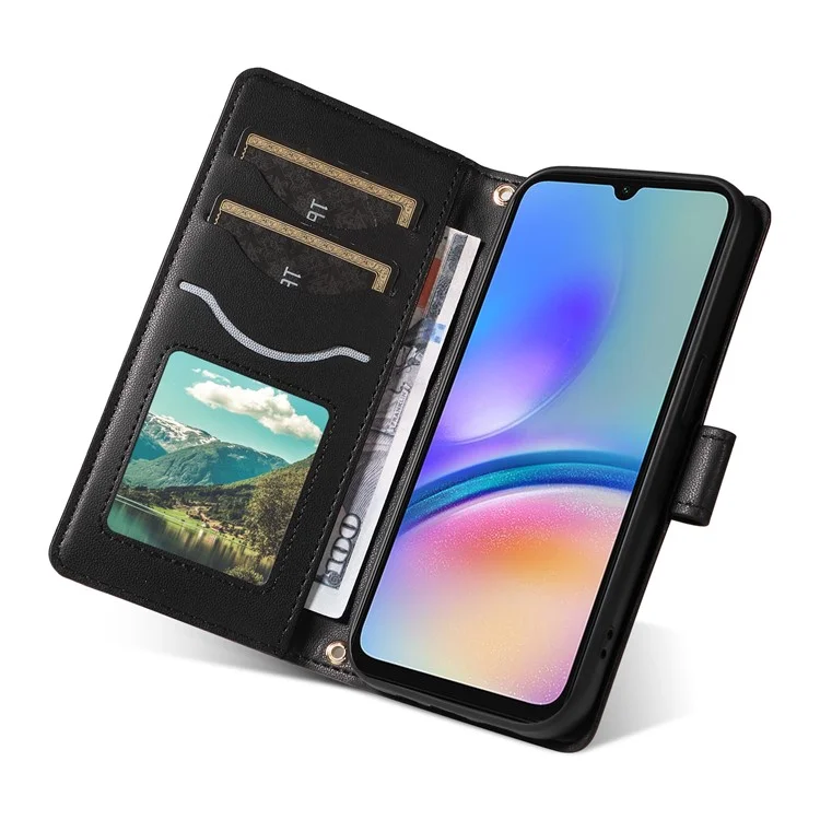 Для Samsung Galaxy A05s 4G Case Wallet Кожаный Телефон Rombus с Плечевым Ремнем, Ремешком Для Запястья - Черный
