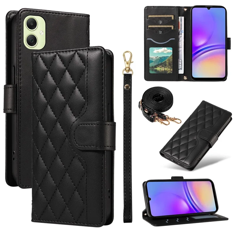 Для Samsung Galaxy A05 4G Case Wallet Rombus Кожаный Телефон с Плечевым Ремнем, Ремешком Для Запястья - Черный