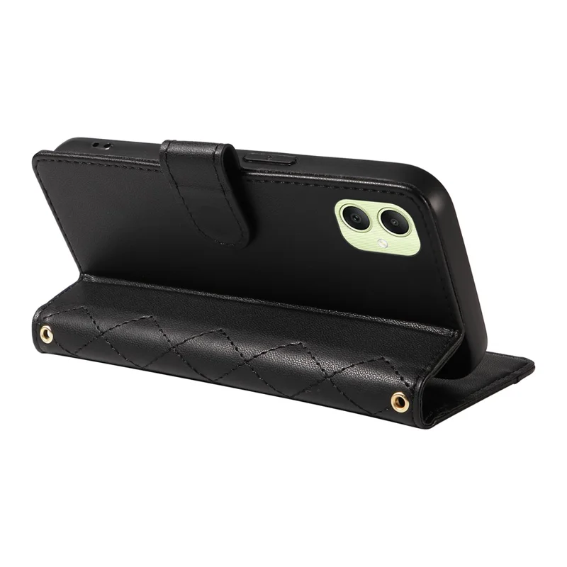 Для Samsung Galaxy A05 4G Case Wallet Rombus Кожаный Телефон с Плечевым Ремнем, Ремешком Для Запястья - Черный