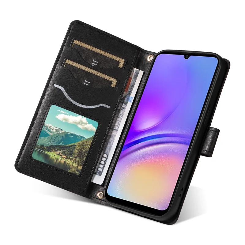 Для Samsung Galaxy A05 4G Case Wallet Rombus Кожаный Телефон с Плечевым Ремнем, Ремешком Для Запястья - Черный
