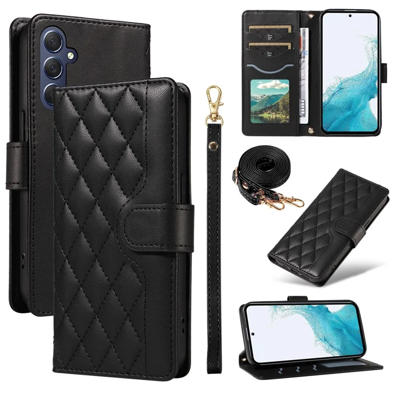 Pour Samsung Galaxy A54 5G Portefeuille Rhombus Rhombus Cover Téléphone Avec Bandoulière, Bracelet de Poignet - Noir