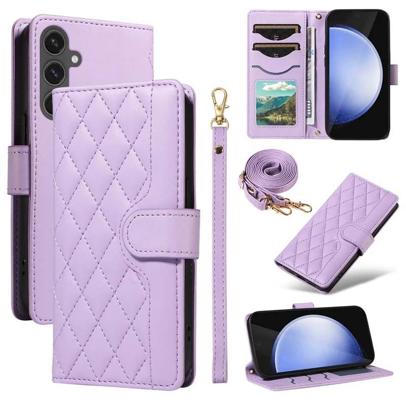 For Samsung Galaxy S24 FE Case Wallet Rhombus Leather Phone Cover with Shoulder Strap, Wrist Strap - Light Purple