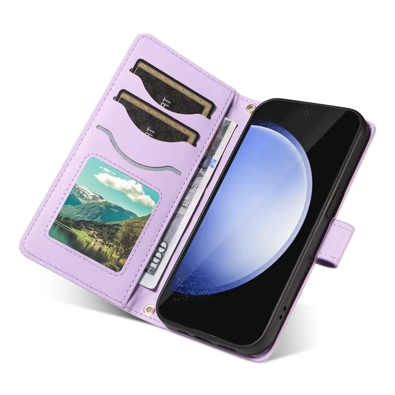 For Samsung Galaxy S24 FE Case Wallet Rhombus Leather Phone Cover with Shoulder Strap, Wrist Strap - Light Purple