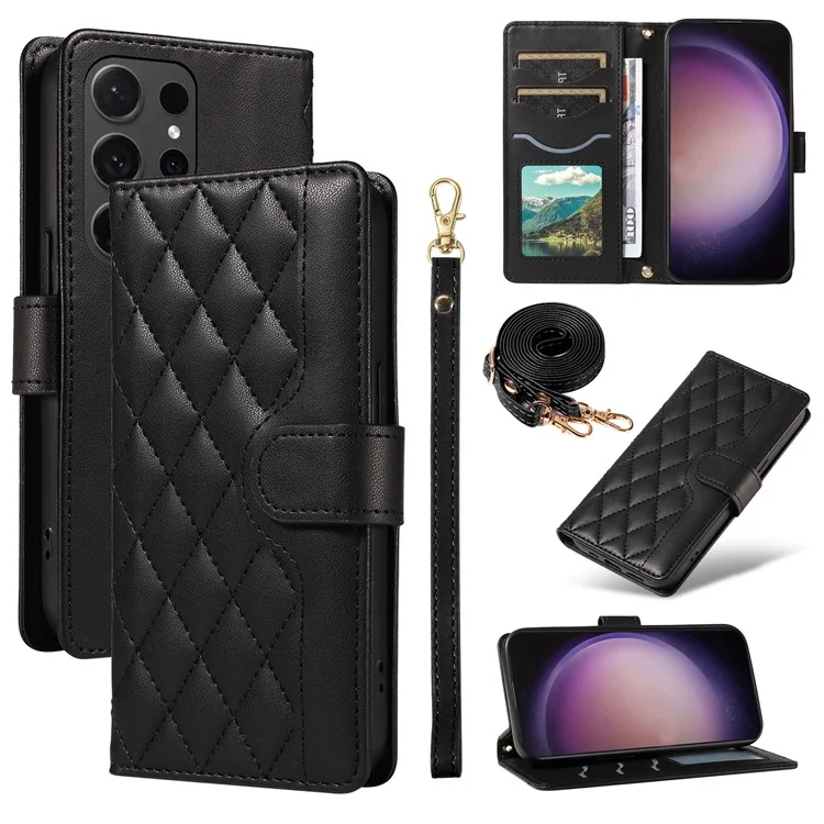 Para Samsung Galaxy S24 Ultra Case Willet Wallet Telephip Tobina Con Correa Para el Hombro, Correa de Muñeca - Negro