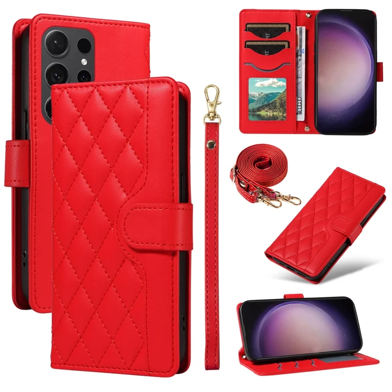For Samsung Galaxy S24 Ultra Wallet Case Rhombus Leather Phone Cover with Shoulder Strap and Wrist Strap - Red