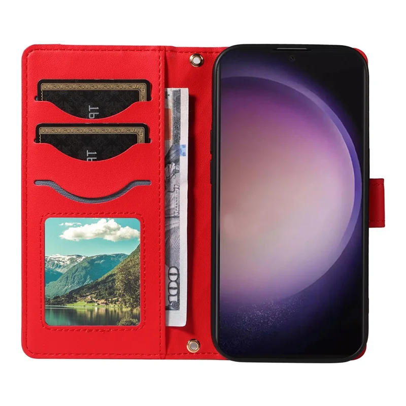 For Samsung Galaxy S24 Ultra Wallet Case Rhombus Leather Phone Cover with Shoulder Strap and Wrist Strap - Red