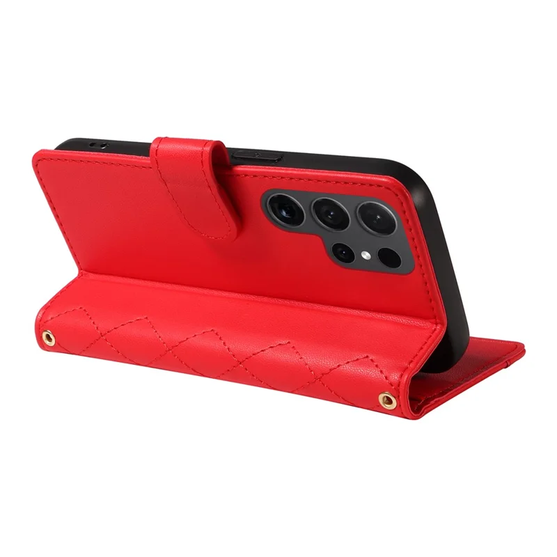 For Samsung Galaxy S24 Ultra Wallet Case Rhombus Leather Phone Cover with Shoulder Strap and Wrist Strap - Red