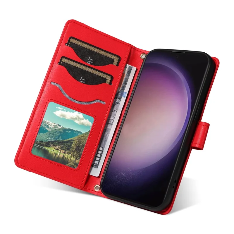 For Samsung Galaxy S24 Ultra Wallet Case Rhombus Leather Phone Cover with Shoulder Strap and Wrist Strap - Red