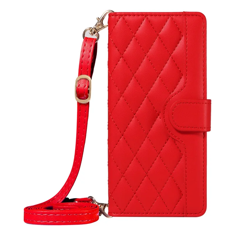 For Samsung Galaxy S24 Ultra Wallet Case Rhombus Leather Phone Cover with Shoulder Strap and Wrist Strap - Red