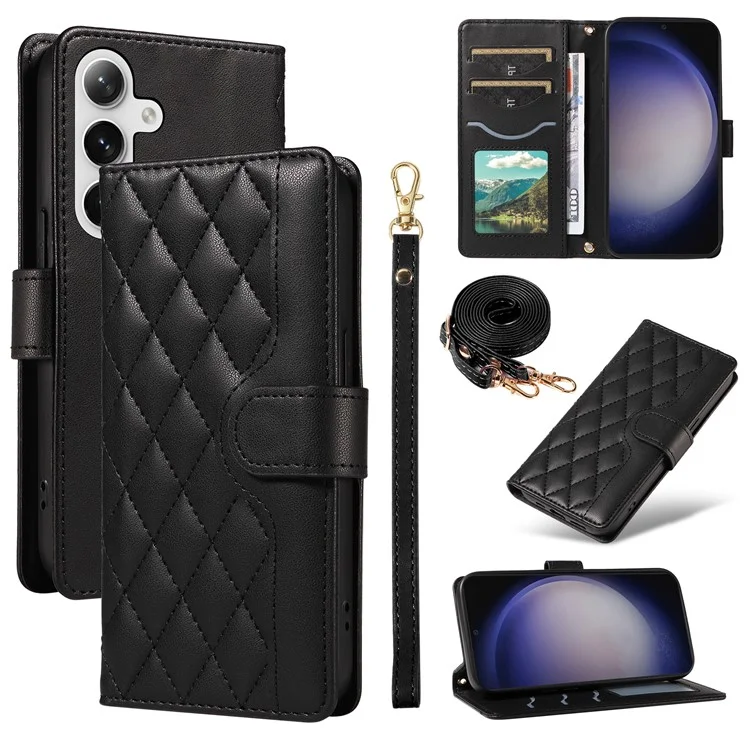 Для Samsung Galaxy S24+ Case Wallet Rombus Кожаный Телефон с Плечевым Ремешком, Запястье Ремешок - Черный