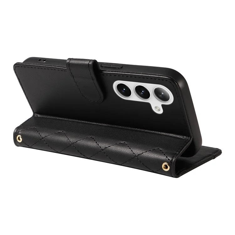 Для Samsung Galaxy S24+ Case Wallet Rombus Кожаный Телефон с Плечевым Ремешком, Запястье Ремешок - Черный