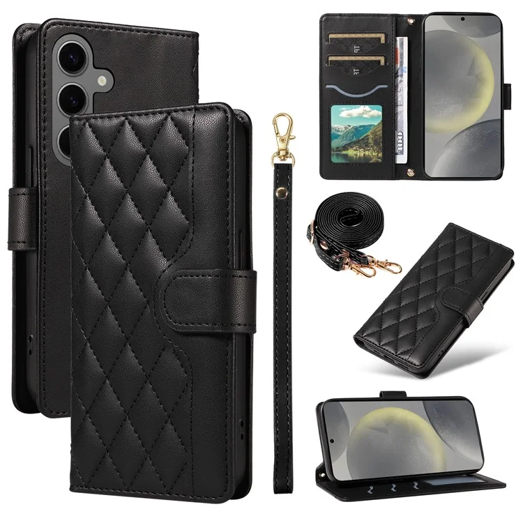 Para Samsung Galaxy S24 Case Willet Rombus Teléfono de Cuero Con Correa Para el Hombro, Correa de Muñeca - Negro