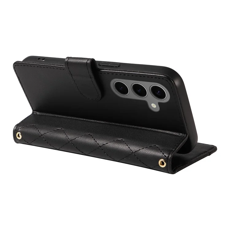 Para Samsung Galaxy S24 Case Willet Rombus Teléfono de Cuero Con Correa Para el Hombro, Correa de Muñeca - Negro