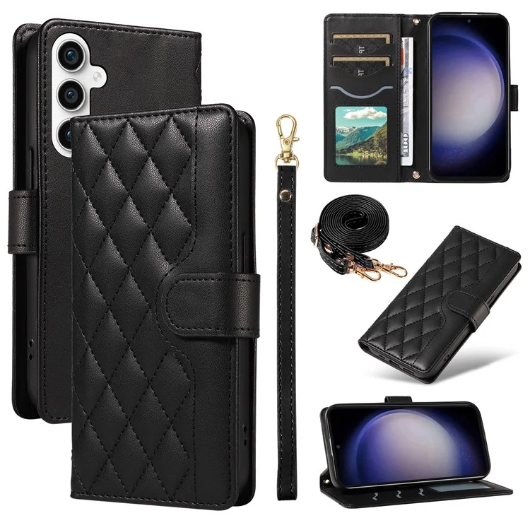 Для Samsung Galaxy S23 fe Case Wallet Rombus Кожаный Телефон с Плечевым Ремешком, Запястье Ремешок - Черный