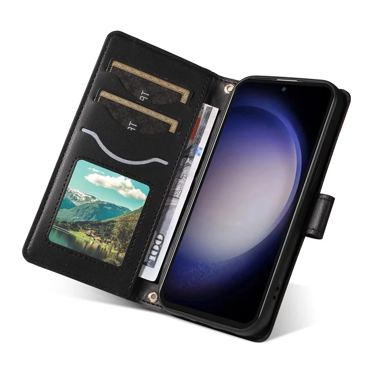 Для Samsung Galaxy S23 fe Case Wallet Rombus Кожаный Телефон с Плечевым Ремешком, Запястье Ремешок - Черный