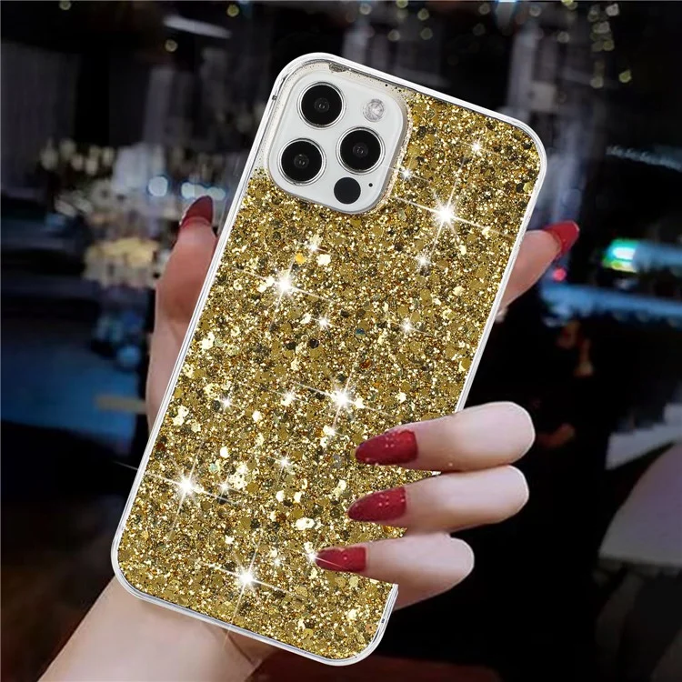 For iPhone 16 Pro Max Case TPU Drop Protection Epoxy Glittery Sequins Phone Cover - Gold