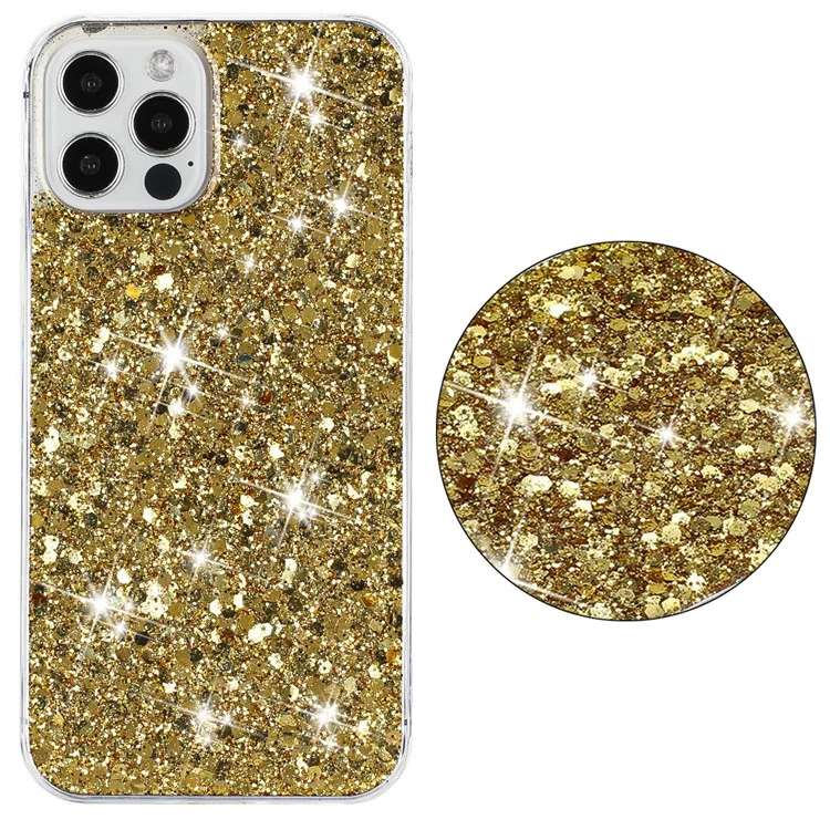 For iPhone 16 Pro Max Case TPU Drop Protection Epoxy Glittery Sequins Phone Cover - Gold