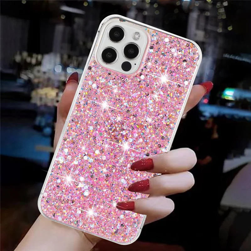 Für iPhone 16 Pro Case TPU Drop Protection Epoxy Glittery Sequins Phone Cover - Pink