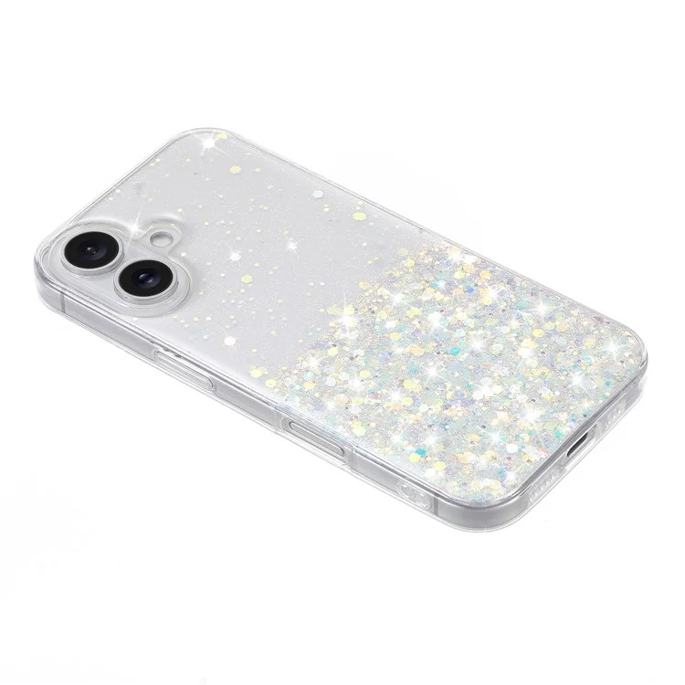 For iPhone 16 Plus Case Sparkle Sequins Luminous Epoxy TPU Phone Cover - White