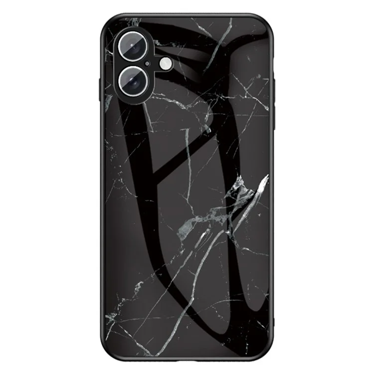 For iPhone 16 Funda con Patrón de Mármol Protector de Vidrio Templado+PC+TPU - Mármol Negro