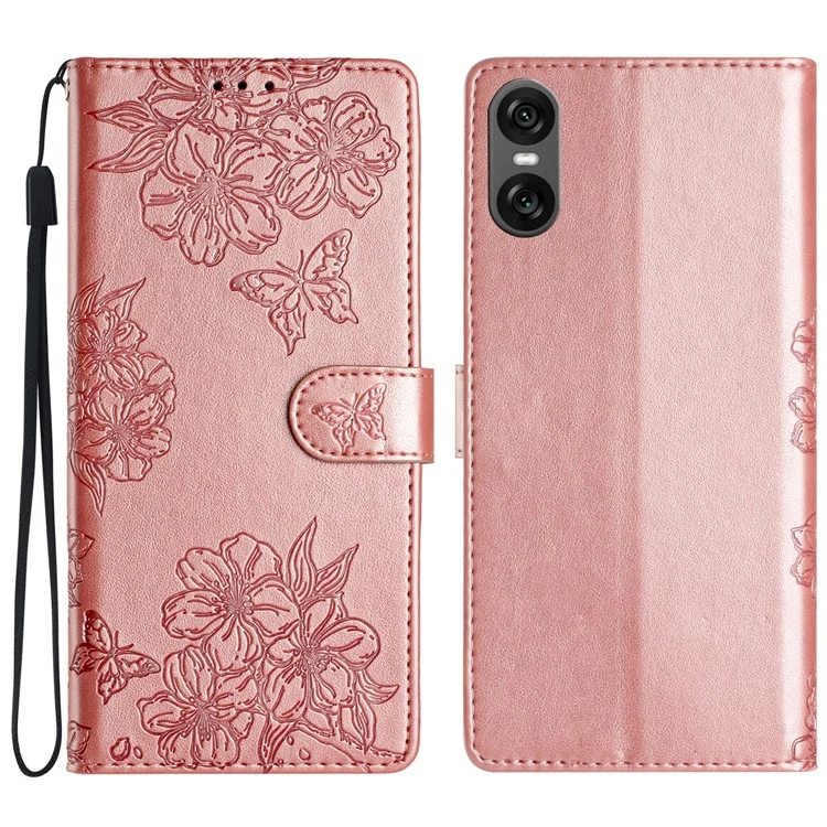 Für Sony Xperia 10 VI Case Butterfly Flower Drop-Proof PU Leder Geldbörse Handyhülle - Rose Gold