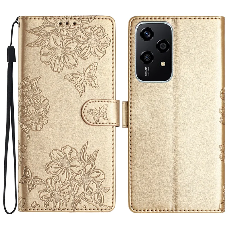 For Honor 200 Lite Case Butterfly Flower Drop-Proof PU Leather Wallet Phone Cover - Dourado