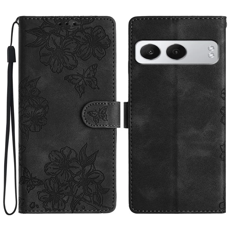 Para OnePlus Nord 4 Capa Borboleta Flor Padrive Pele-Toque Couro Telefone - Preto