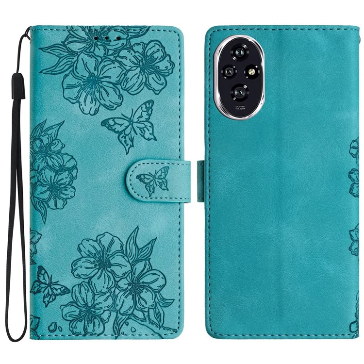 For Honor 200 Pro 5G Case Butterfly Flower Pattern Skin-Touch Leather Phone Cover - Green