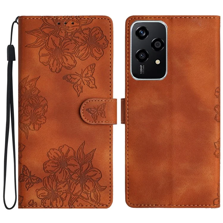 For Honor 200 Lite Case Butterfly Flower Pattern Skin-Touch Leather Phone Cover - Brown