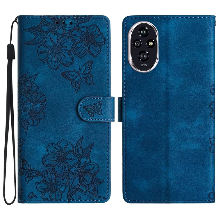 Capa Para Honra 200 5G Borboleta Flor Padrive Pele-Toque de Couro - Azul