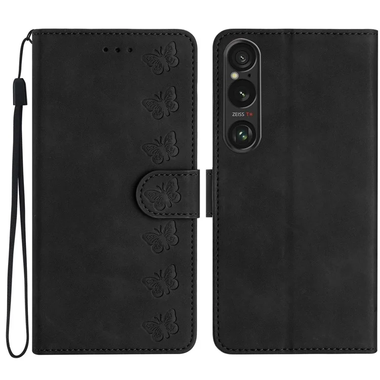 For Sony Xperia 1 VI Case Imprinted Butterfly Leather Wallet Phone Cover - Black