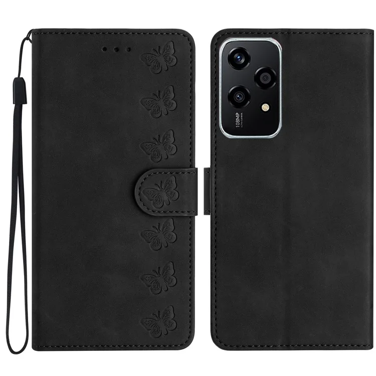 Para Honor 200 Lite Case Impressa Butterfly Leather Carteira Tampa - Preto