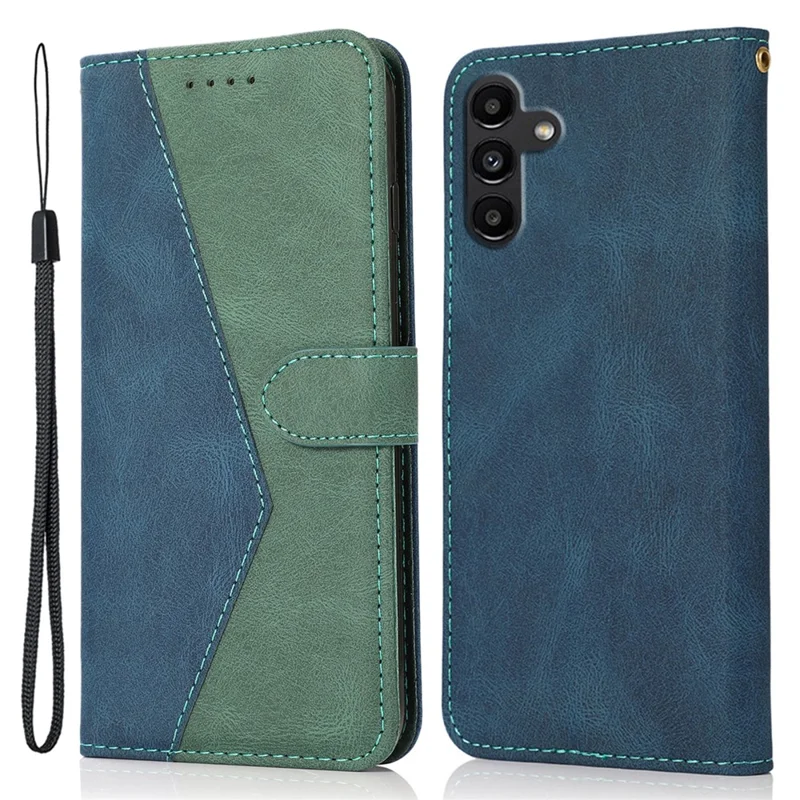 Voor Samsung Galaxy A16 5G / A16 4G Hoesje Kleurcombinatie Portemonnee Stand Leren Telefoonhoesje met Polsbandje - Blauw+Groen