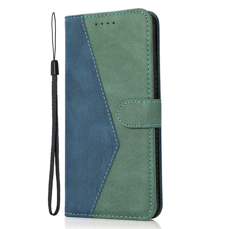 Voor Samsung Galaxy A16 5G / A16 4G Hoesje Kleurcombinatie Portemonnee Stand Leren Telefoonhoesje met Polsbandje - Blauw+Groen