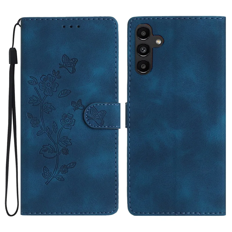 Para Samsung Galaxy A16 5G / A16 4G Capa de Couro com Padrão Floral Case Carteira com Alça de Pulso - Azul