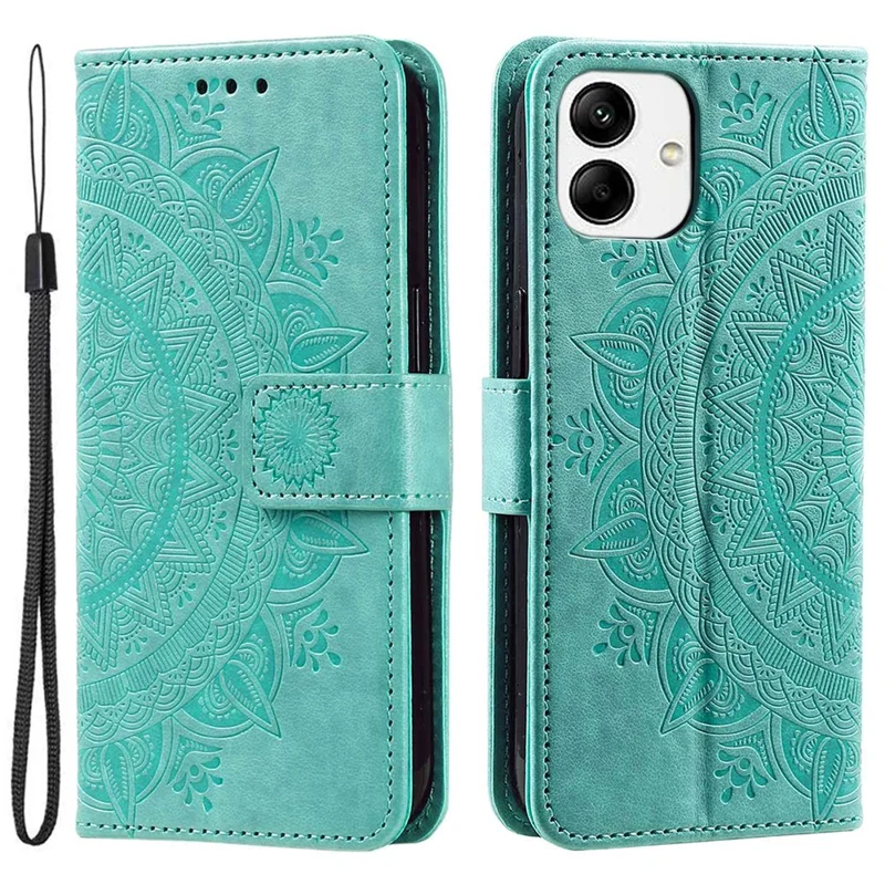 For Samsung Galaxy A04 4G (164.4 x 76.3 x 9.1 mm) Mandala Flower Pattern Imprinted Stand Case Shockproof PU Leather Wallet Phone Cover - Green