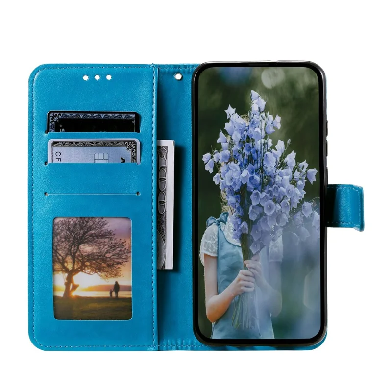 For Samsung Galaxy A04 4G (164.4 x 76.3 x 9.1 mm) Mandala Flower Pattern Imprinted Stand Case Shockproof PU Leather Wallet Phone Cover - Blue