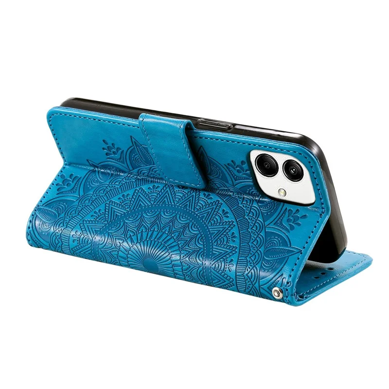 For Samsung Galaxy A04 4G (164.4 x 76.3 x 9.1 mm) Mandala Flower Pattern Imprinted Stand Case Shockproof PU Leather Wallet Phone Cover - Blue