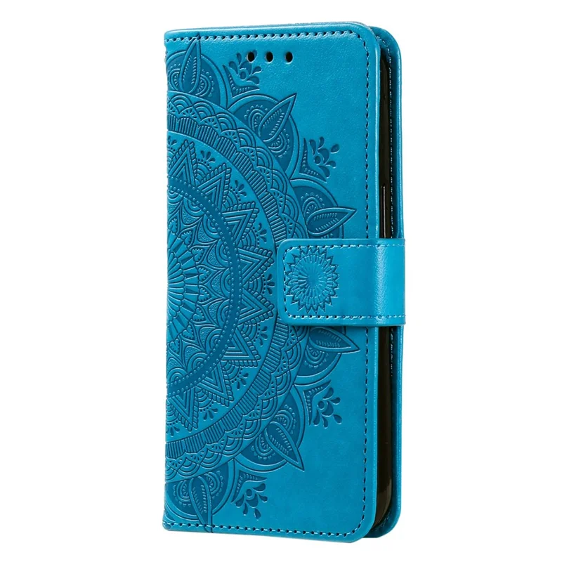 For Samsung Galaxy A04 4G (164.4 x 76.3 x 9.1 mm) Mandala Flower Pattern Imprinted Stand Case Shockproof PU Leather Wallet Phone Cover - Blue
