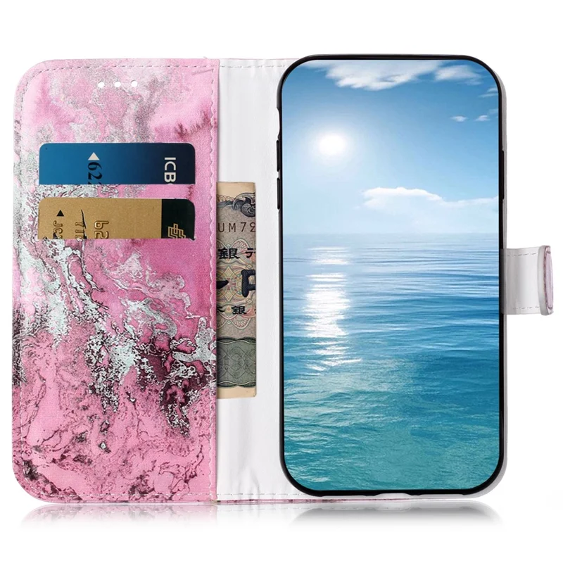 For Samsung Galaxy A16 5G / A16 4G Case Pattern PU Leather Flip Phone Cover - Pink Seawater Marble