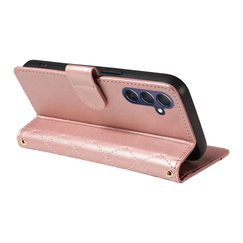 For Samsung Galaxy A17 5G / A17 4G / A26 5G / A16 5G / A16 4G Case Wallet Rhombus Leather Phone Cover with Shoulder Strap, Wrist Strap - Rose Gold